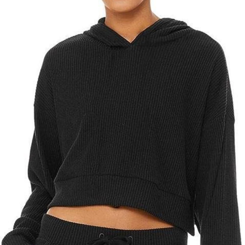 Alo Yoga Muse Ribbed Crop Hoodie Long Sleeve Sweatshirt Black size M/L